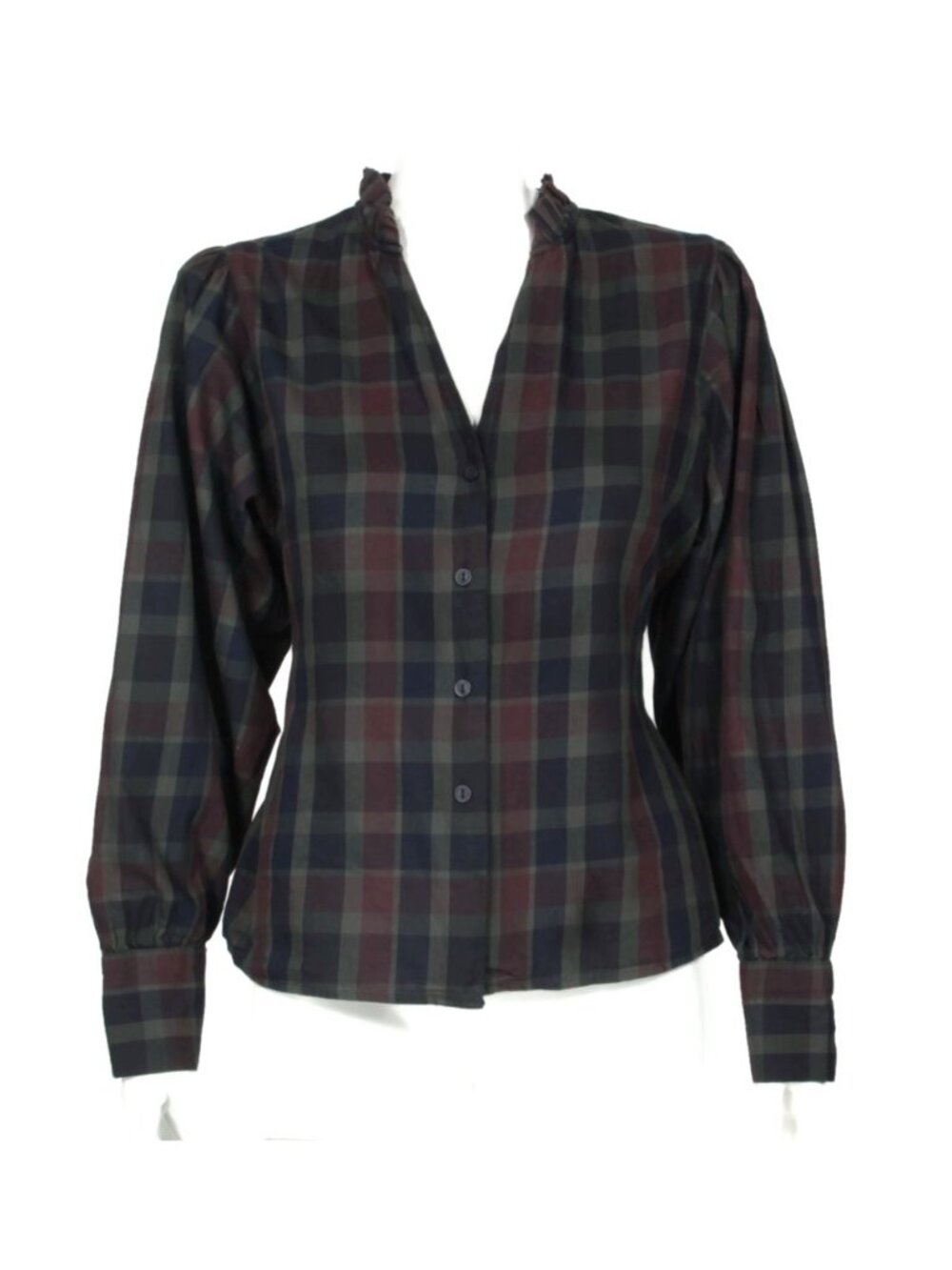 THE-ARE Spain Green Burgundy Plaid Puff Sleeve Ruffle Collar Tied Top sz M /962